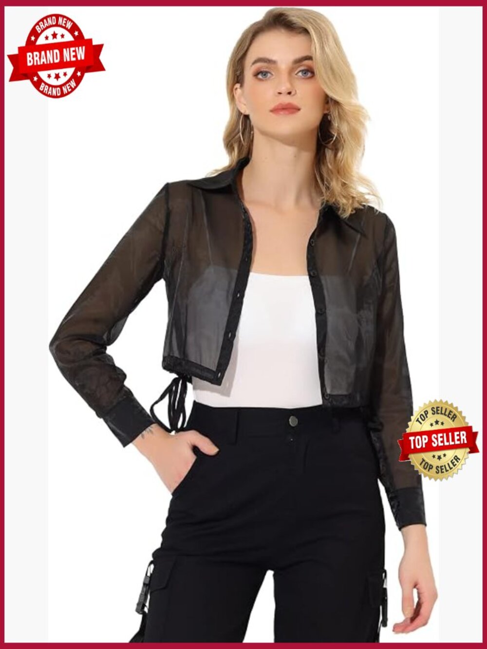 Sheer Mesh Long Sleeve Crop Jacket with Button Front and Drawstring Hem
